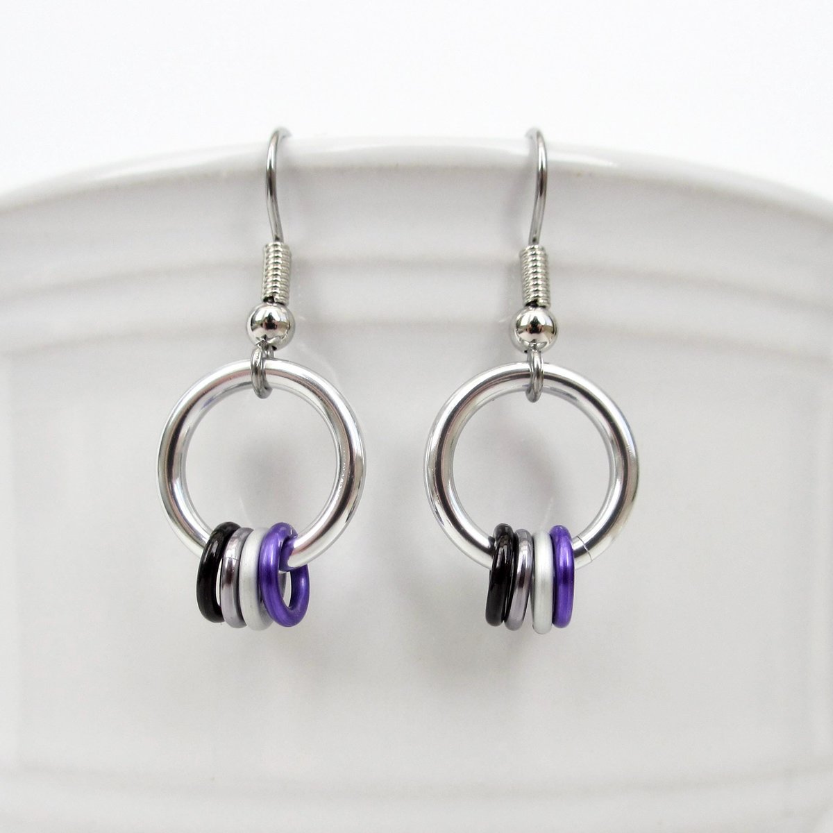 Minimalist Asexual Pride Earrings with Floating Rings in Ace Flag Colors - Handmade LGBTQIA Jewelry