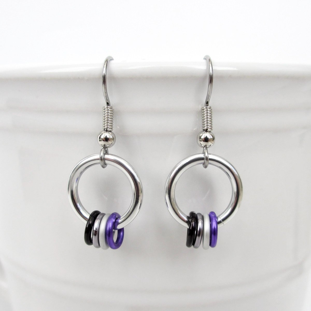 Minimalist Asexual Pride Earrings with Floating Rings in Ace Flag Colors - Handmade LGBTQIA Jewelry