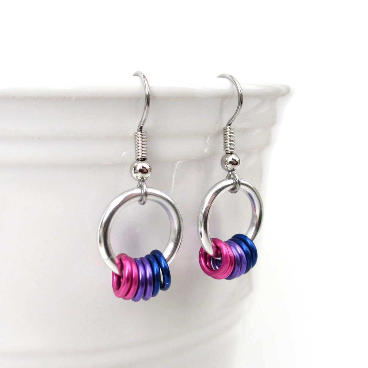 Minimalist Handmade Bisexual Pride Earrings with Pink, Purple, and Blue Floating Rings