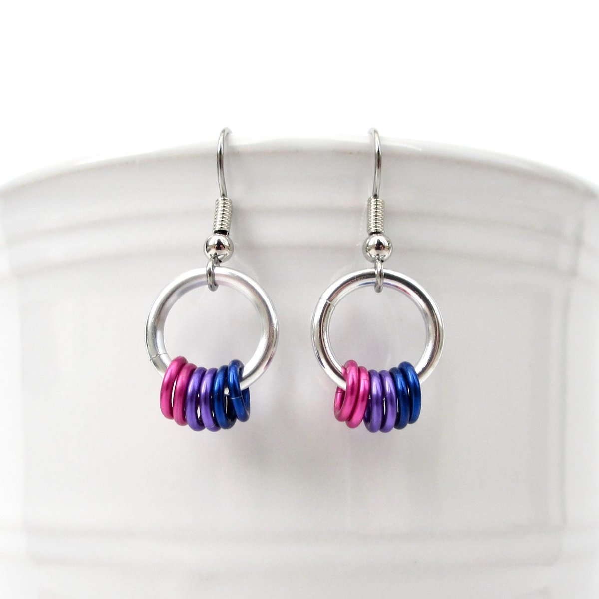 Minimalist Handmade Bisexual Pride Earrings with Pink, Purple, and Blue Floating Rings