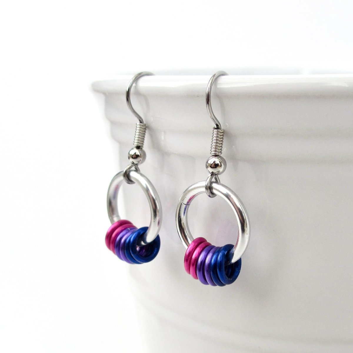 Minimalist Handmade Bisexual Pride Earrings with Pink, Purple, and Blue Floating Rings