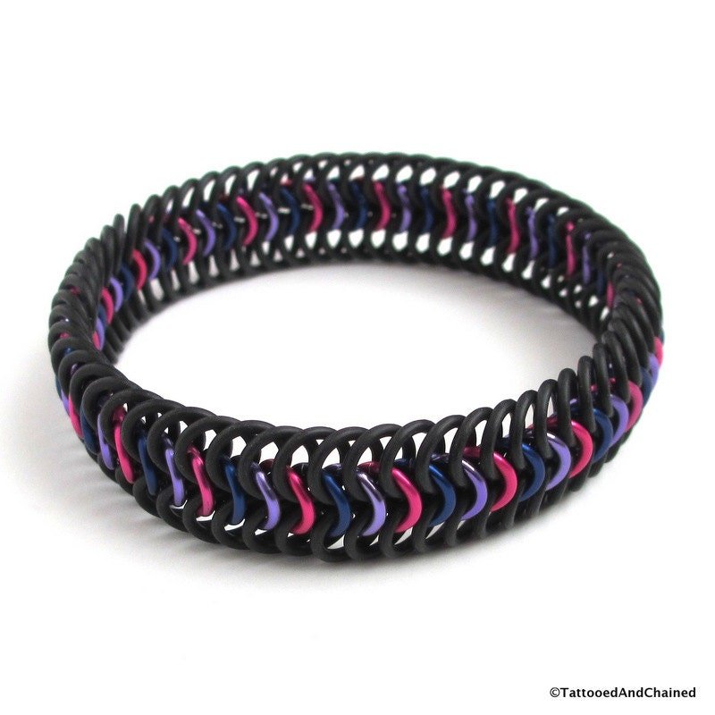 Bi pride bracelet, stretchy chainmail bisexual jewelry in pink, purple and blue