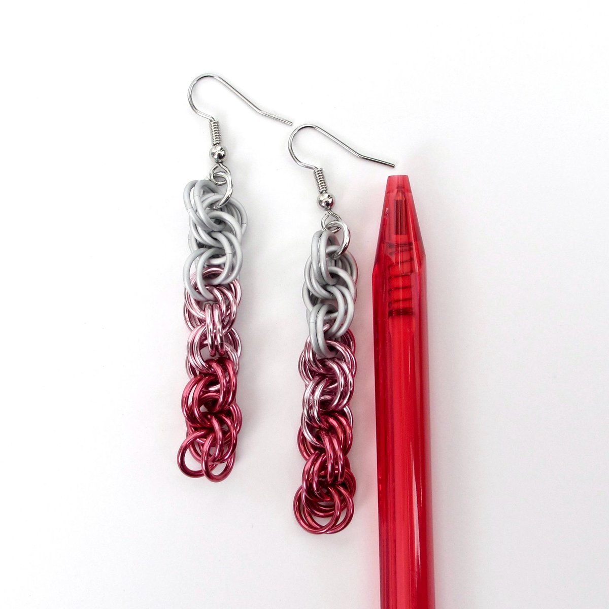 Pink Ombre Earrings, Handmade Chainmail Spiral Weave Jewelry, Lightweight Aluminum