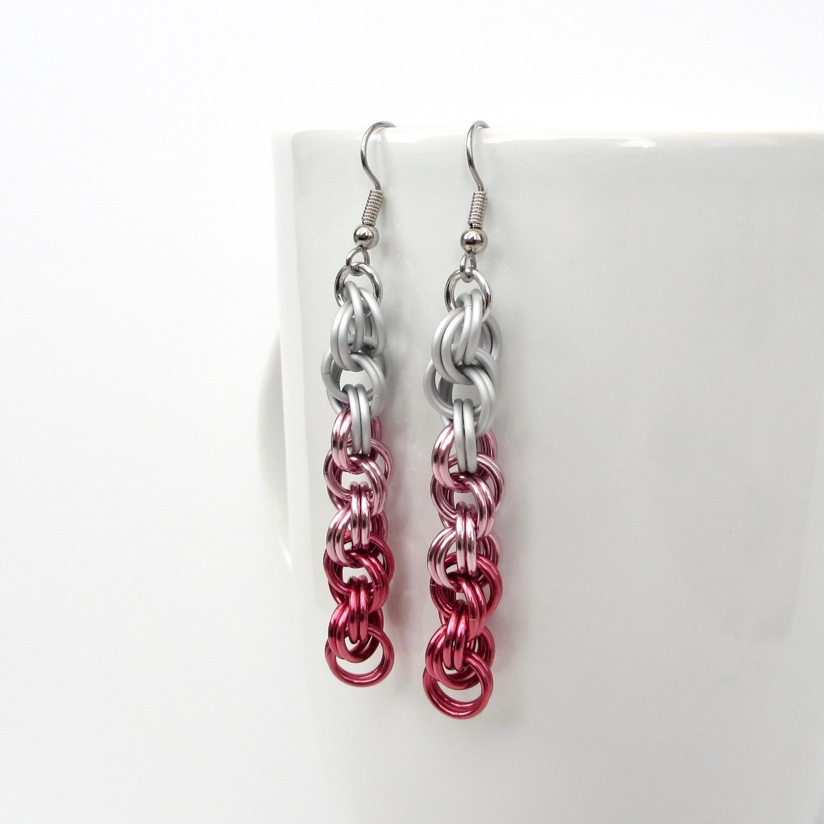 Pink Ombre Earrings, Handmade Chainmail Spiral Weave Jewelry, Lightweight Aluminum