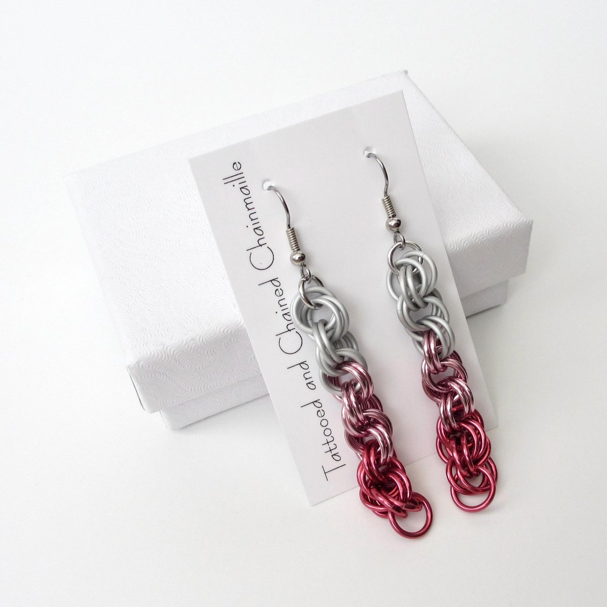 Pink Ombre Earrings, Handmade Chainmail Spiral Weave Jewelry, Lightweight Aluminum