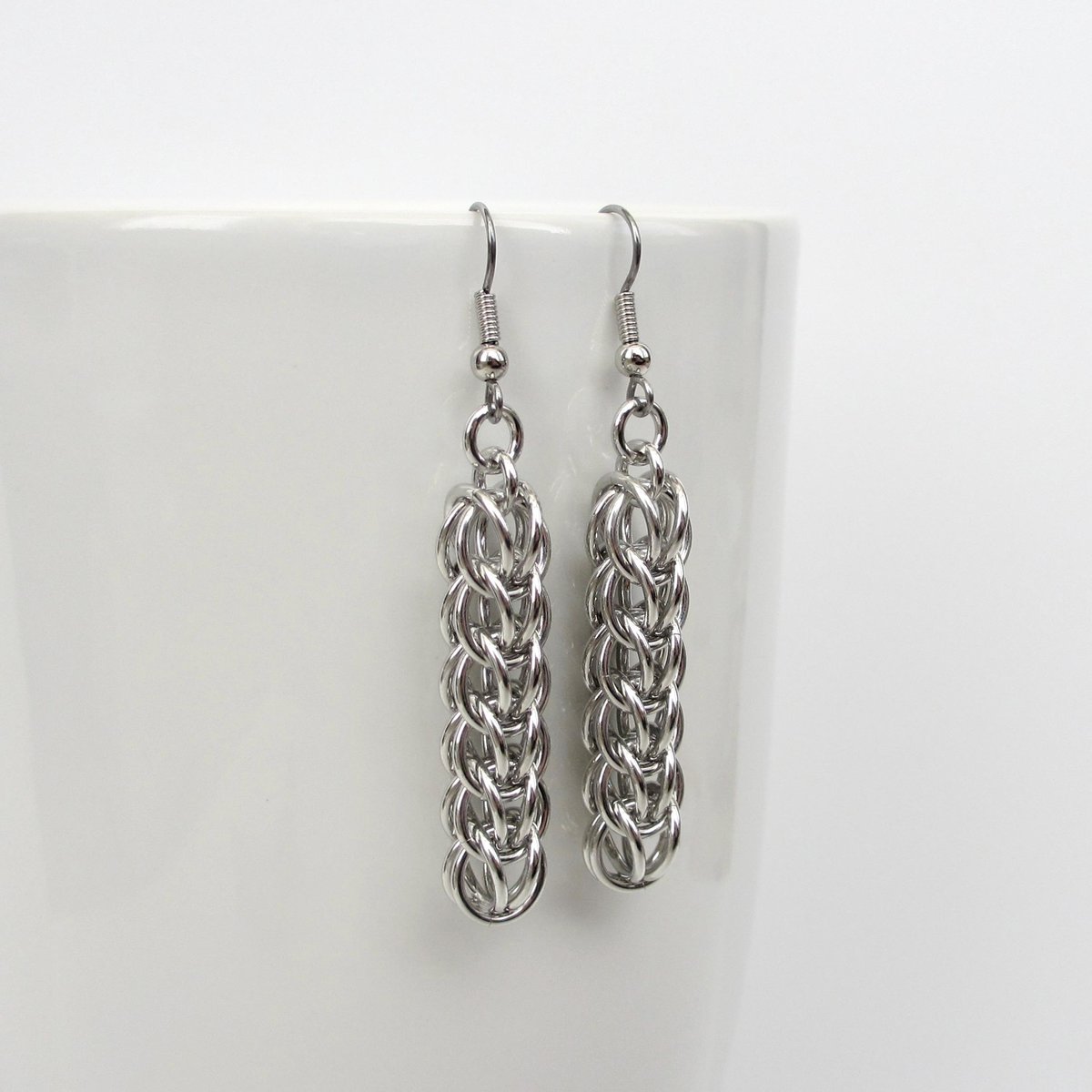 Silver Aluminum Chainmail Earrings, Handmade Full Persian Weave, Lightweight Everyday Jewelry