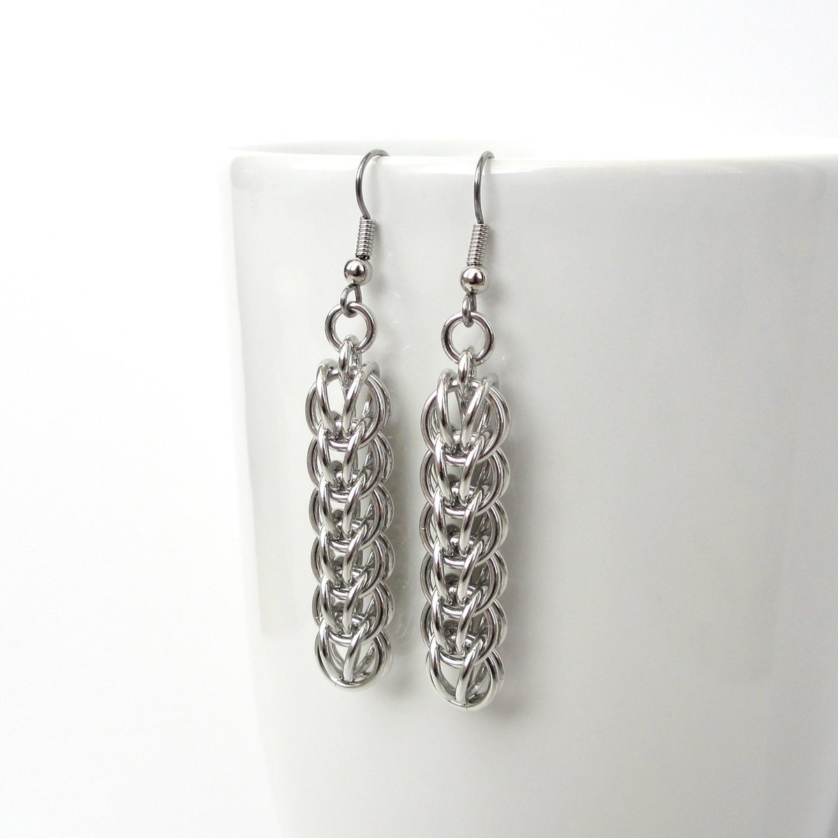 Silver Aluminum Chainmail Earrings, Handmade Full Persian Weave, Lightweight Everyday Jewelry