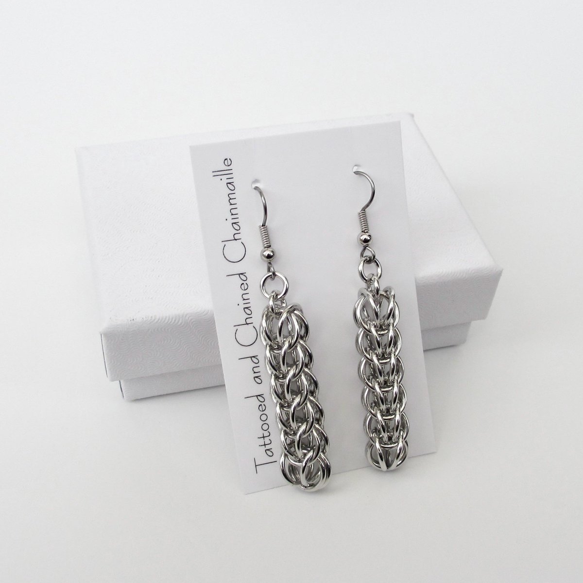 Silver Aluminum Chainmail Earrings, Handmade Full Persian Weave, Lightweight Everyday Jewelry