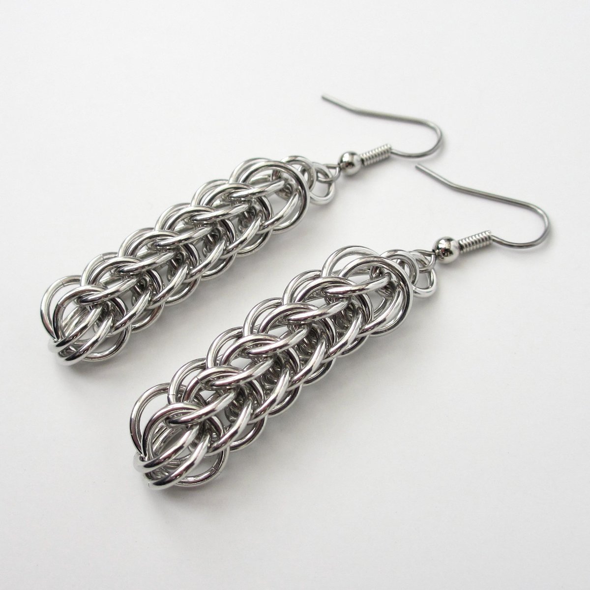 Silver Aluminum Chainmail Earrings, Handmade Full Persian Weave, Lightweight Everyday Jewelry