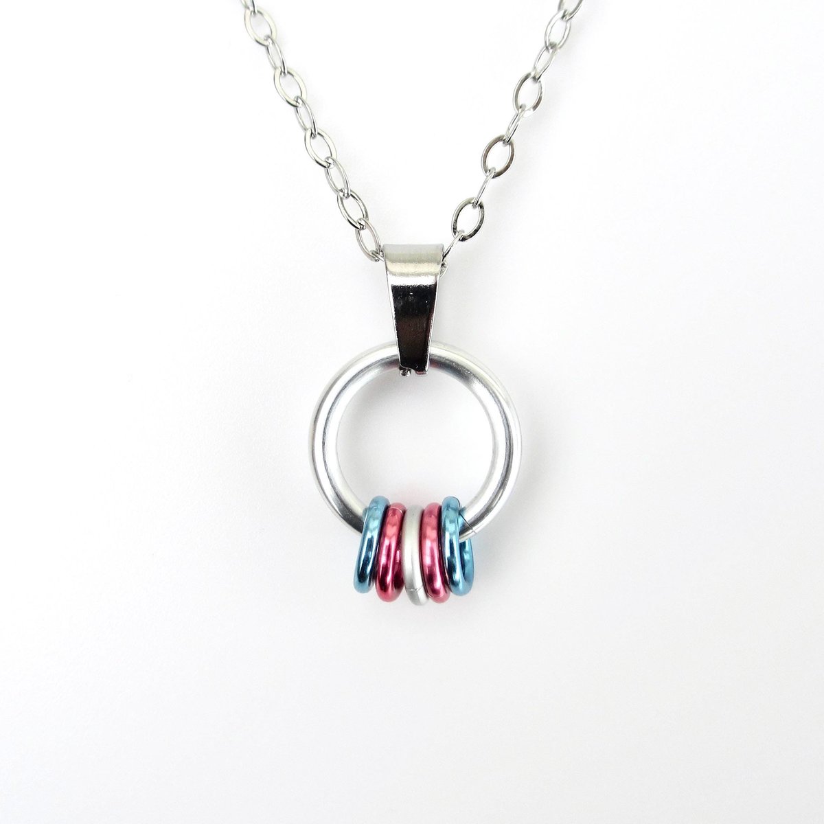 Minimalist Transgender Pride Pendant with Floating Rings in Trans Flag Colors - Handmade LGBTQ Jewelry
