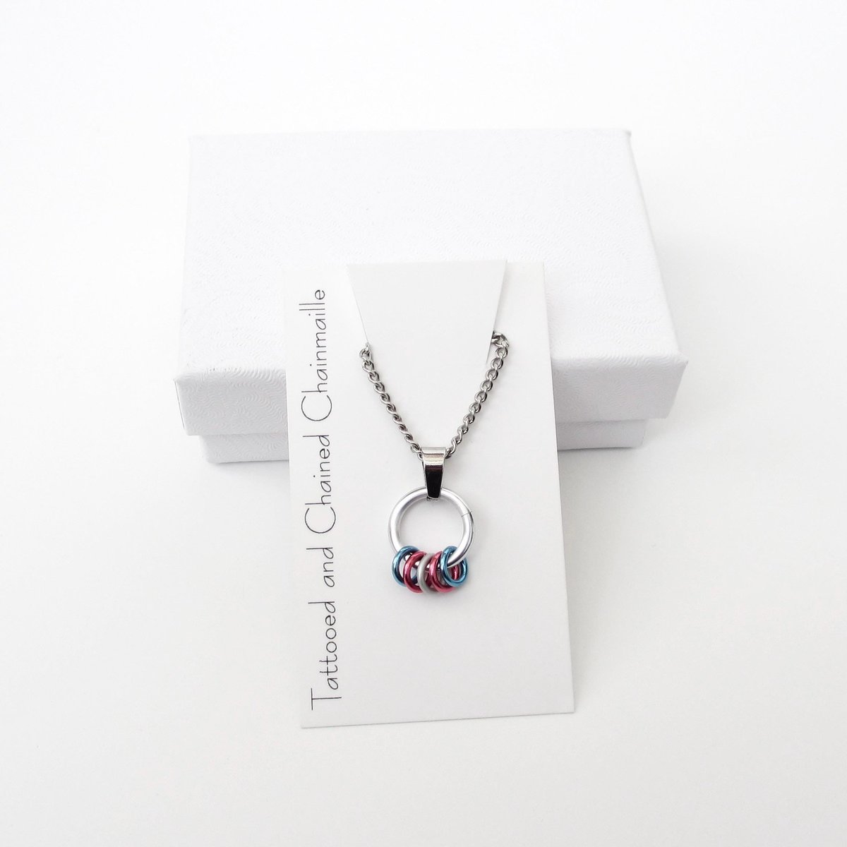 Minimalist Transgender Pride Pendant with Floating Rings in Trans Flag Colors - Handmade LGBTQ Jewelry