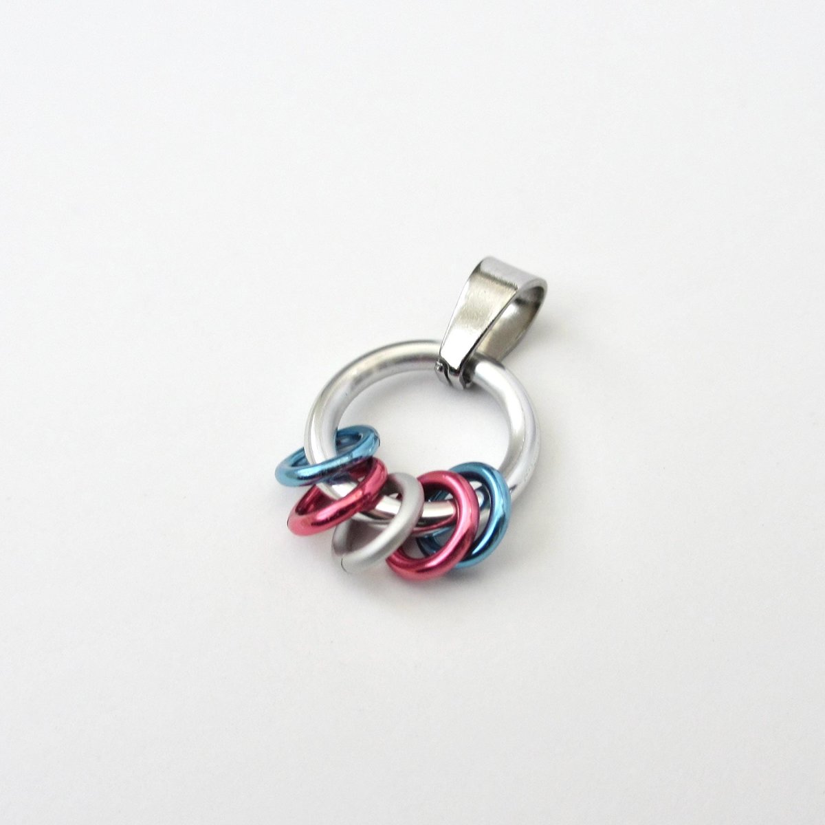 Minimalist Transgender Pride Pendant with Floating Rings in Trans Flag Colors - Handmade LGBTQ Jewelry