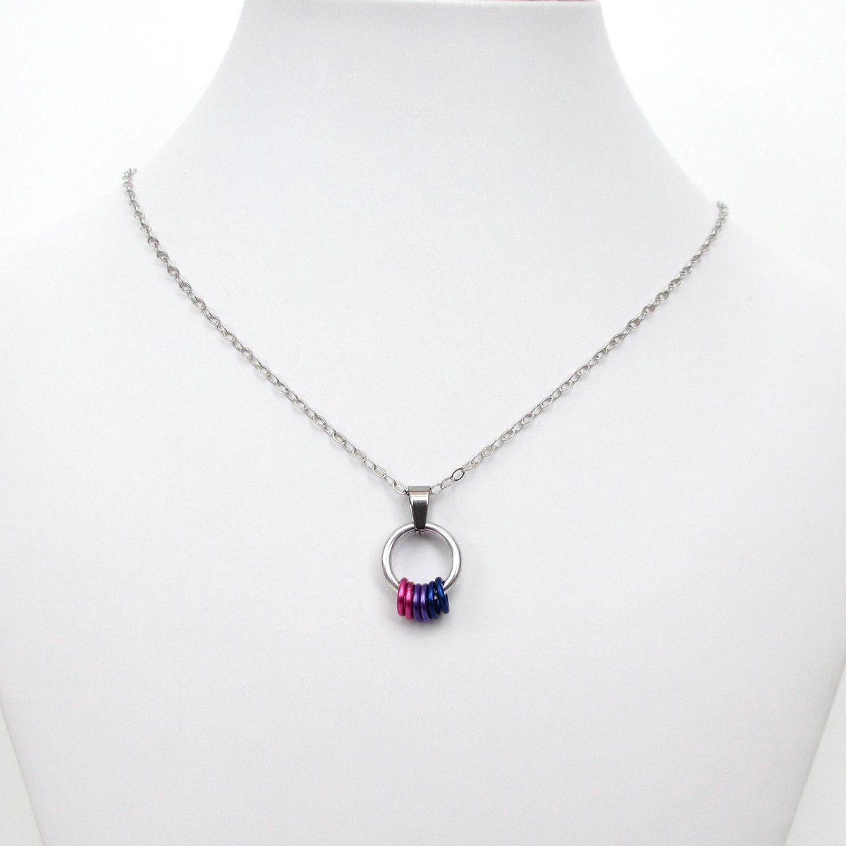 Minimalist Bisexual Pride Pendant with Pink, Purple, & Blue Floating Rings - Handmade LGBTQ Jewelry