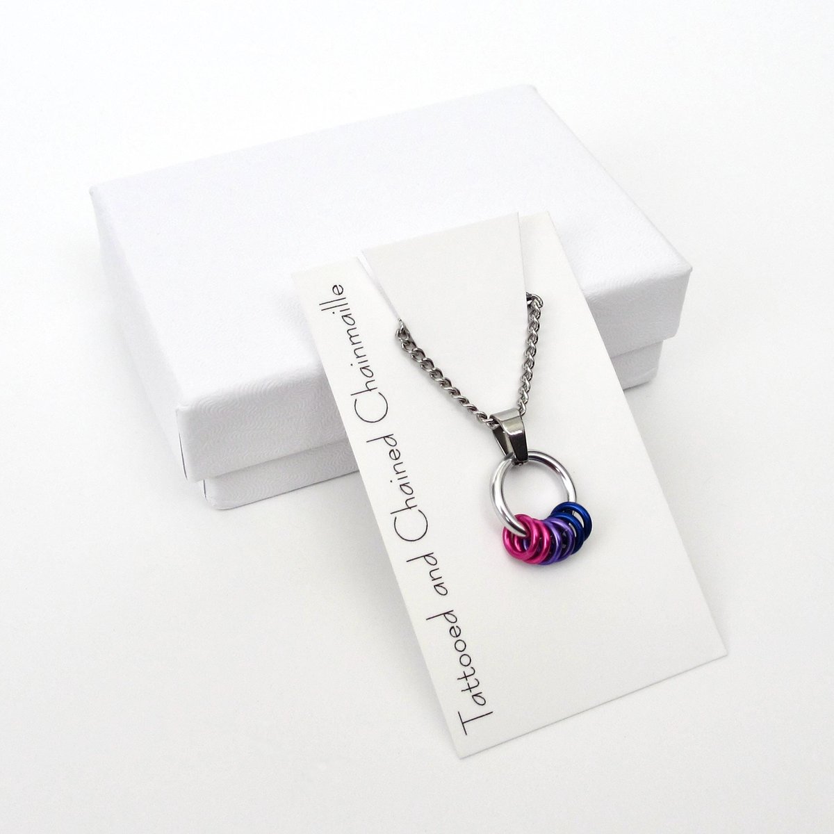 Minimalist Bisexual Pride Pendant with Pink, Purple, & Blue Floating Rings - Handmade LGBTQ Jewelry