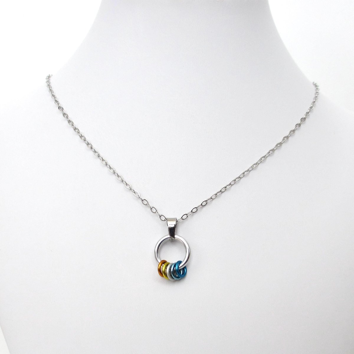 Minimalist Aroace Pride Pendant with Floating Rings in Orange, Yellow, White, Light Blue & Blue - Handmade LGBTQ+ Jewelry