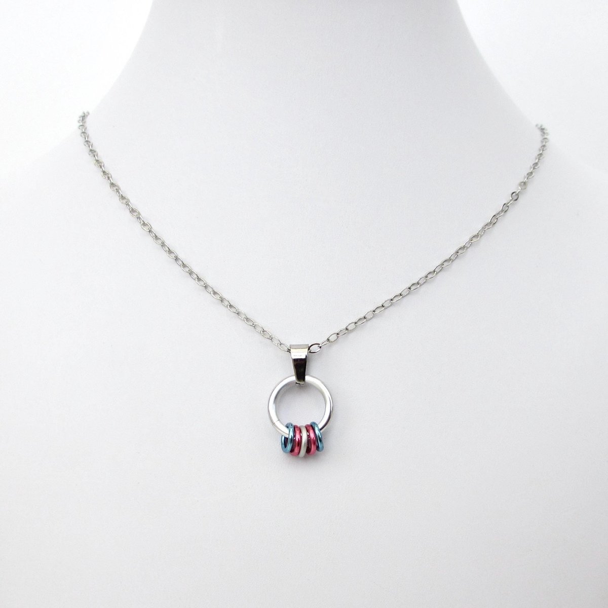 Minimalist Transgender Pride Pendant with Floating Rings in Trans Flag Colors - Handmade LGBTQ Jewelry