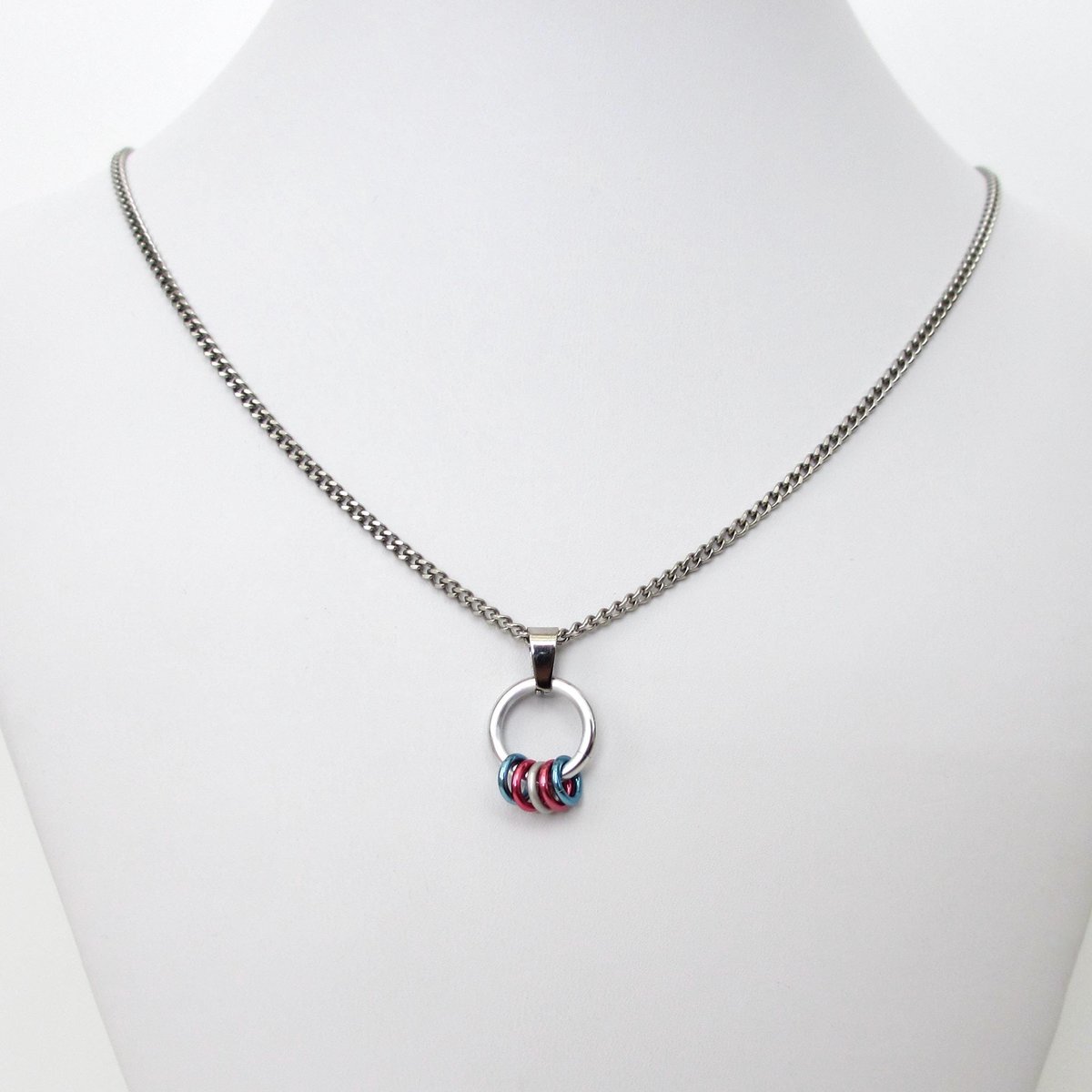 Minimalist Transgender Pride Pendant with Floating Rings in Trans Flag Colors - Handmade LGBTQ Jewelry