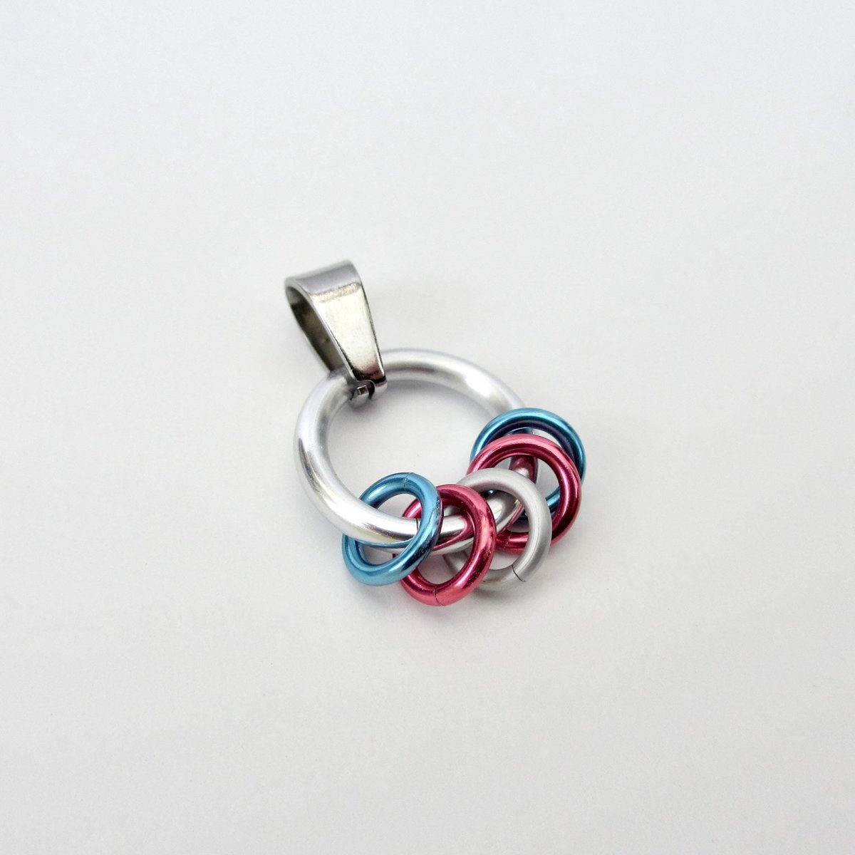 Minimalist Transgender Pride Pendant with Floating Rings in Trans Flag Colors - Handmade LGBTQ Jewelry
