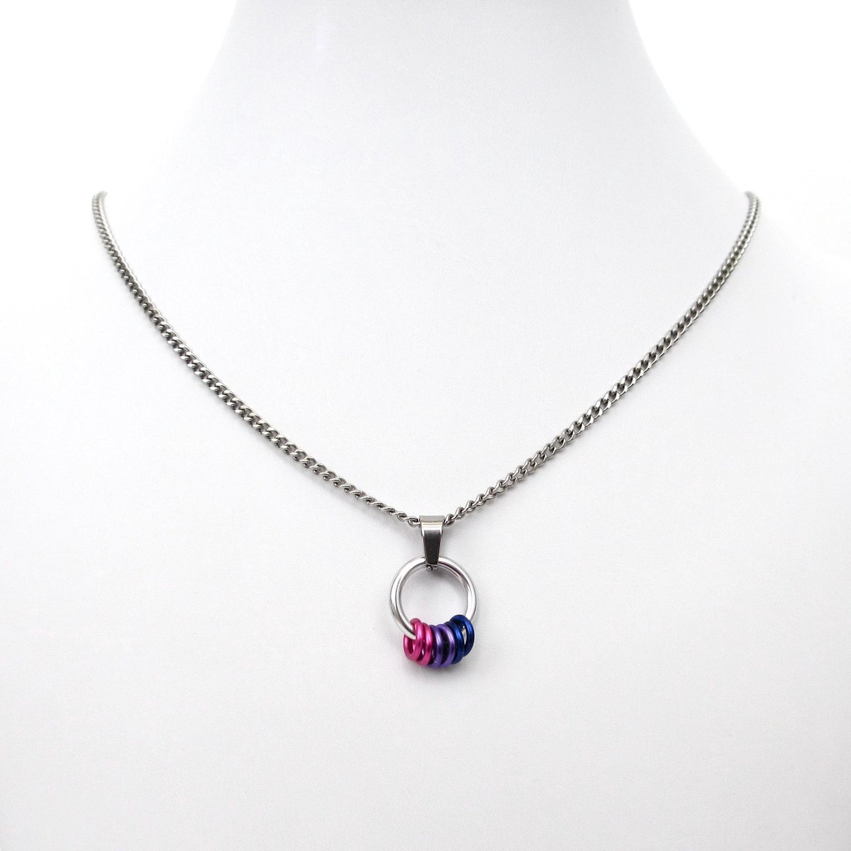 Minimalist Bisexual Pride Pendant with Pink, Purple, & Blue Floating Rings - Handmade LGBTQ Jewelry
