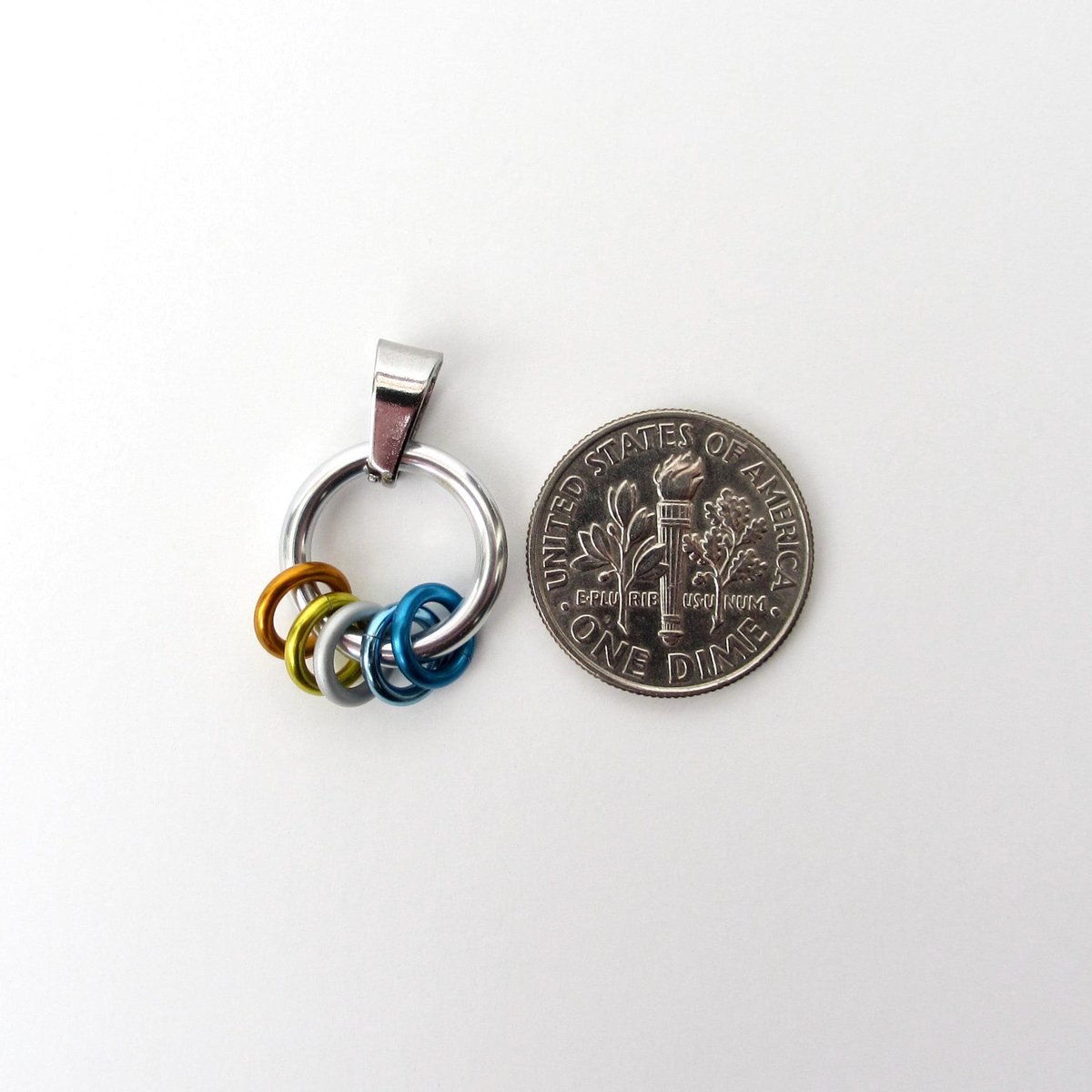 Minimalist Aroace Pride Pendant with Floating Rings in Orange, Yellow, White, Light Blue & Blue - Handmade LGBTQ+ Jewelry