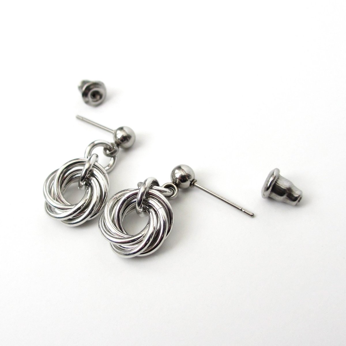 Silver Mini Love Knot Earrings - Minimalist Handmade Anodized Aluminum Jewelry with Post Ear Wires