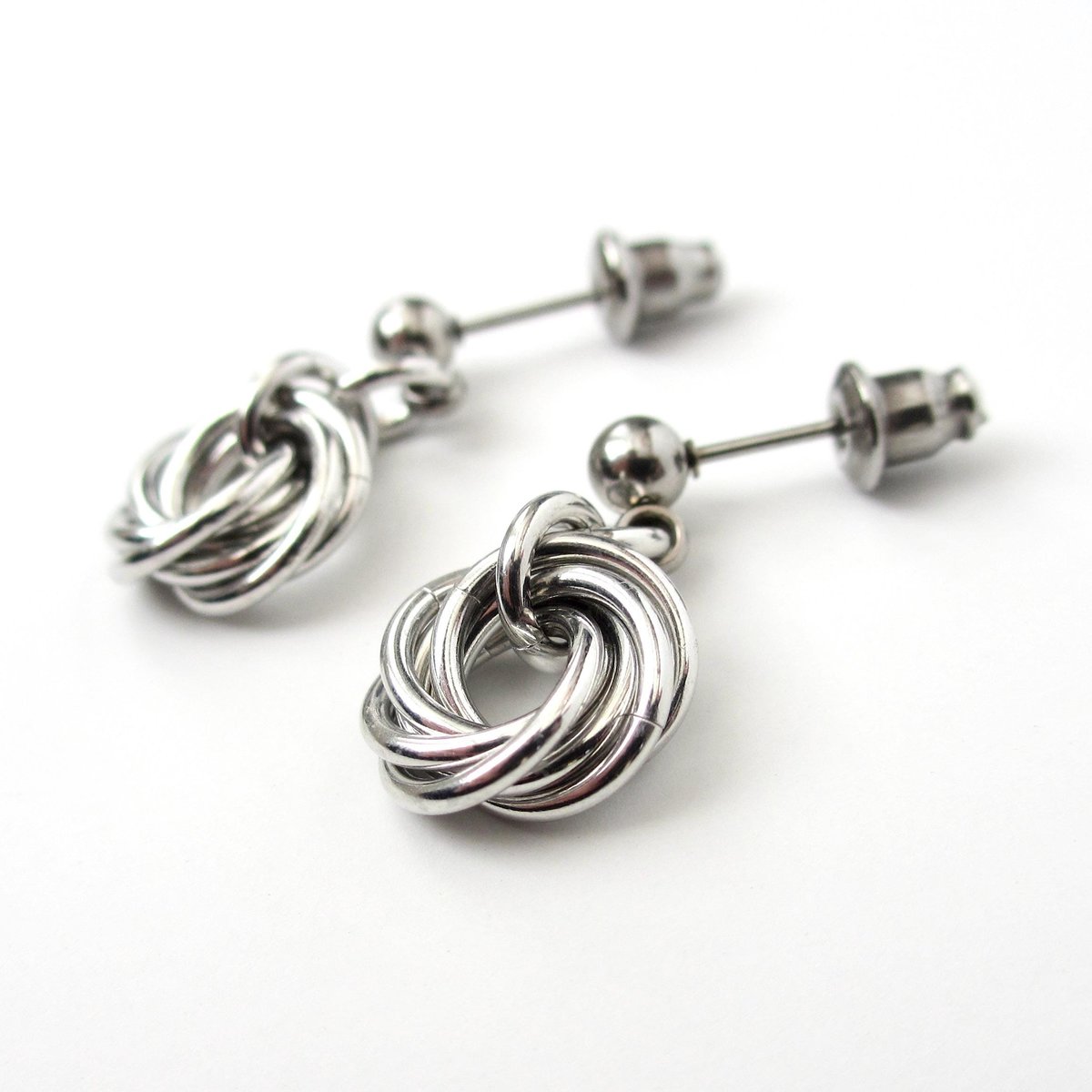 Silver Mini Love Knot Earrings - Minimalist Handmade Anodized Aluminum Jewelry with Post Ear Wires