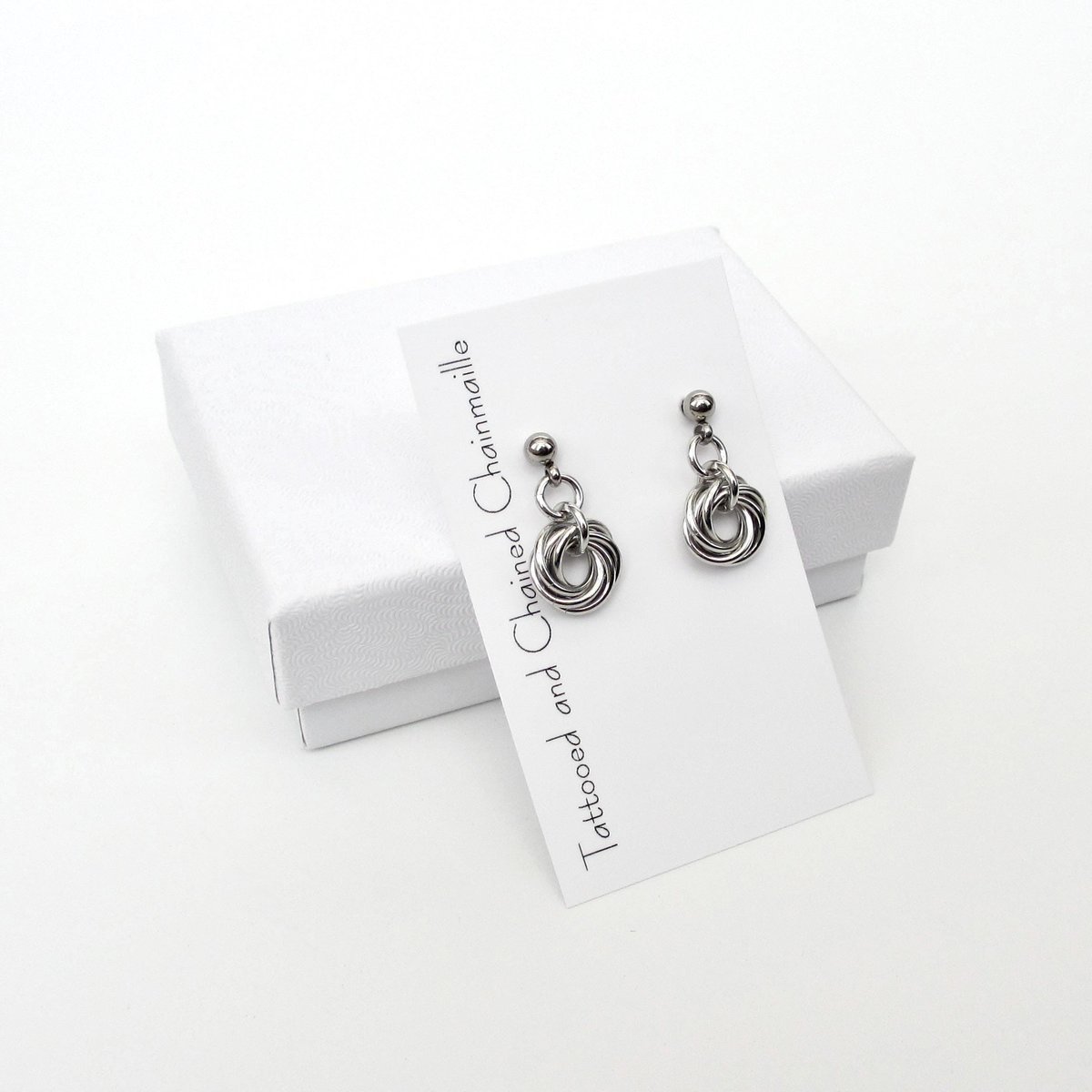 Silver Mini Love Knot Earrings - Minimalist Handmade Anodized Aluminum Jewelry with Post Ear Wires