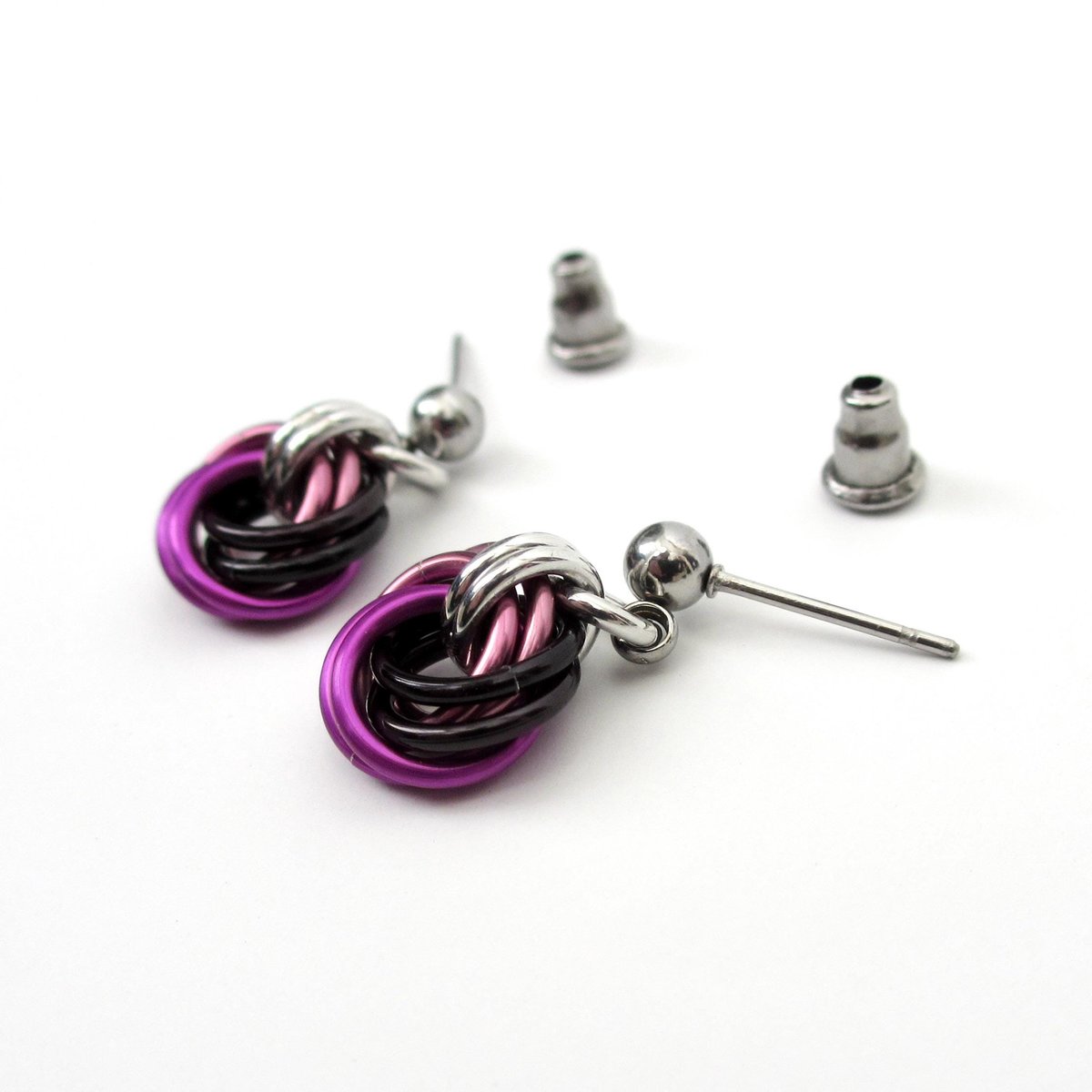 Mauve Violet Black Mini Chainmail Love Knot Drop Earrings: Handmade Minimalist Anodized Aluminum Jewelry