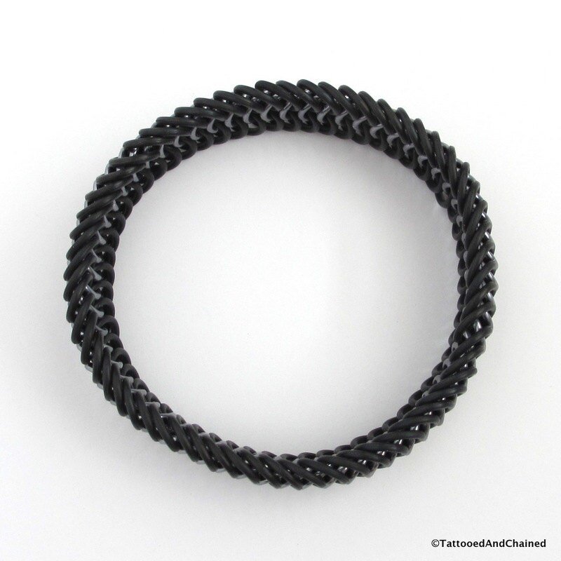 Gray and black bracelet for women or men, stretchy chainmail bracelet, Euro 6 in 1 weave, rubber bracelet