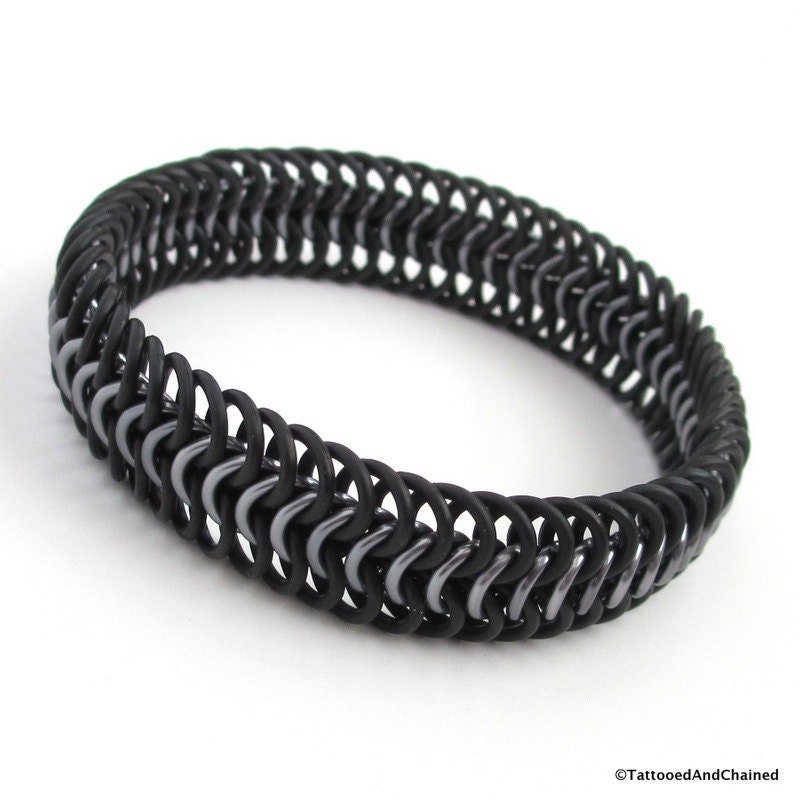 Gray and black bracelet for women or men, stretchy chainmail bracelet, Euro 6 in 1 weave, rubber bracelet