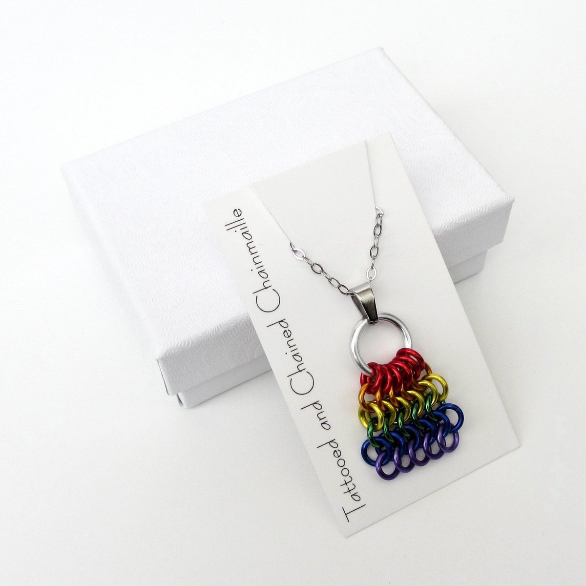 Rainbow Chainmail Mesh Tile Pendant, Gay Pride Flag Necklace - Handmade LGBTQ Jewelry