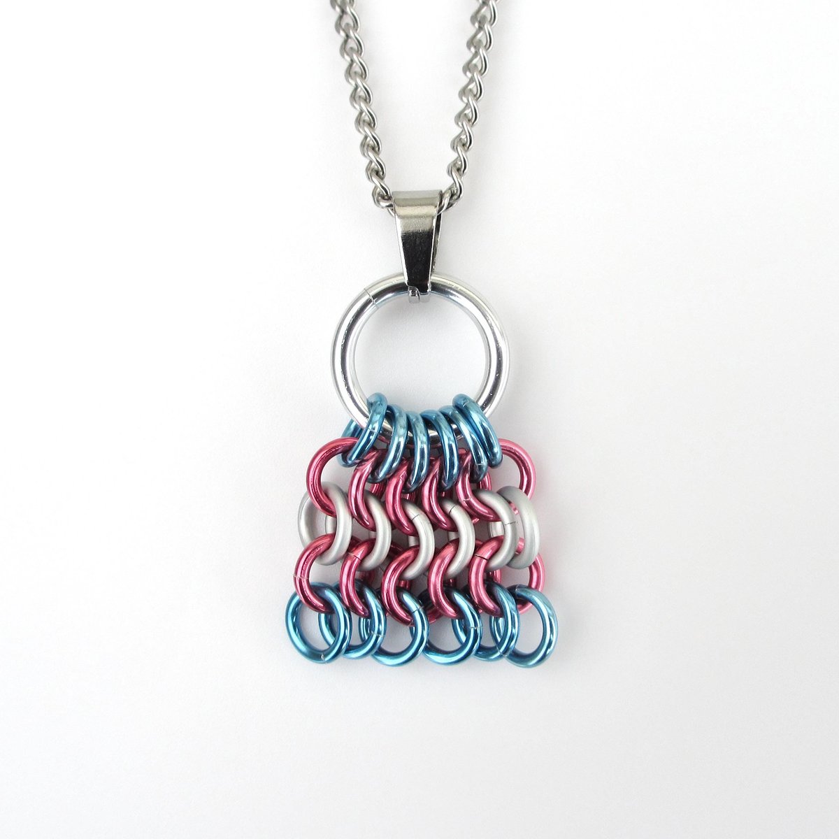 Transgender Pride Mesh Tile Pendant, Handmade Chainmail LGBTQ Flag Necklace
