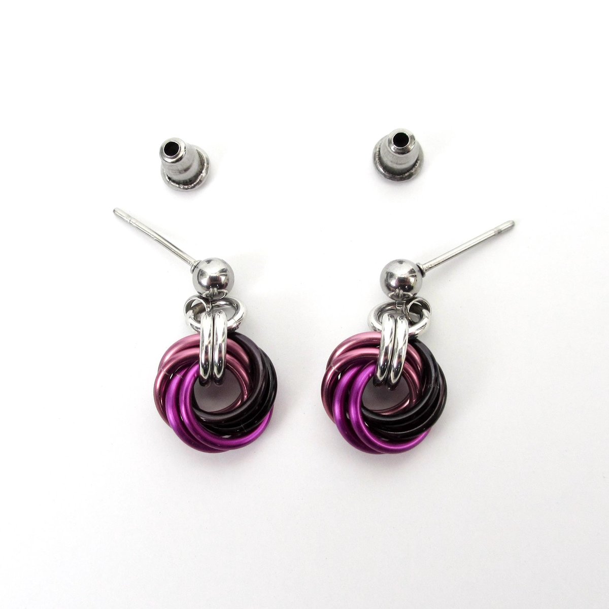 Mauve Violet Black Mini Chainmail Love Knot Drop Earrings: Handmade Minimalist Anodized Aluminum Jewelry