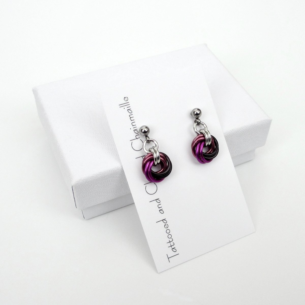 Mauve Violet Black Mini Chainmail Love Knot Drop Earrings: Handmade Minimalist Anodized Aluminum Jewelry