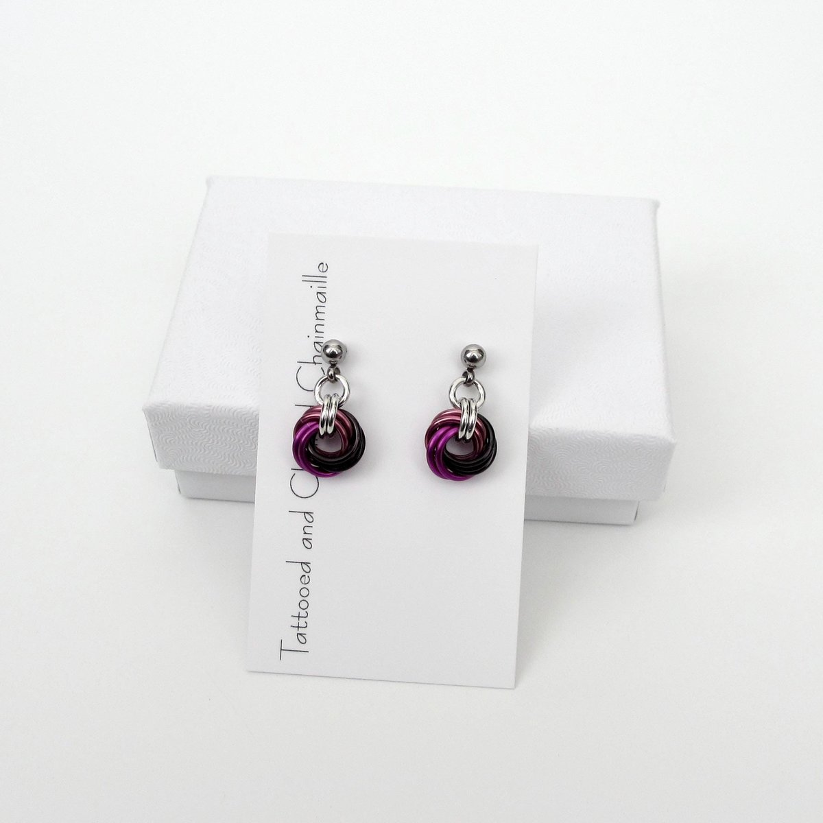 Mauve Violet Black Mini Chainmail Love Knot Drop Earrings: Handmade Minimalist Anodized Aluminum Jewelry