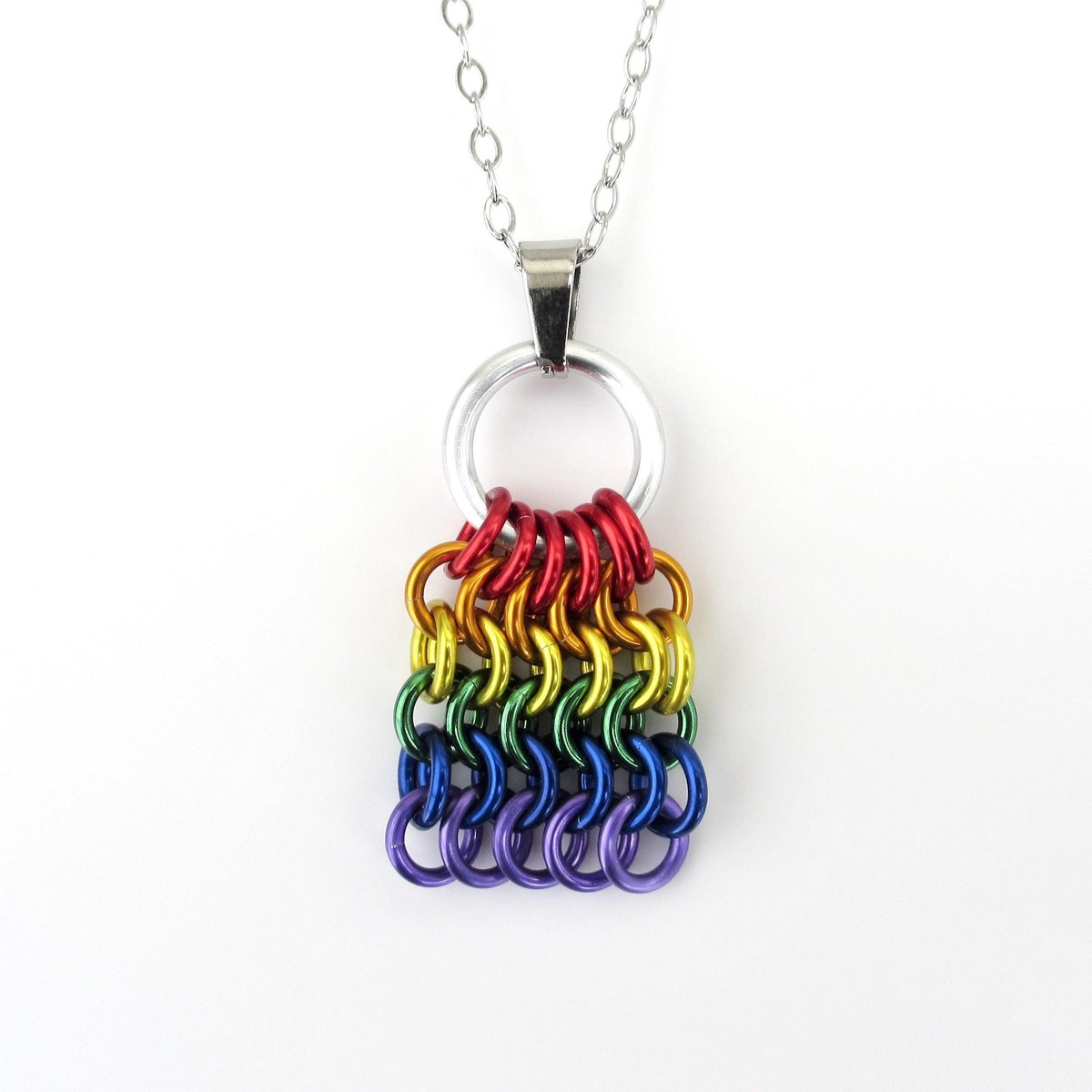Rainbow Chainmail Mesh Tile Pendant, Gay Pride Flag Necklace - Handmade LGBTQ Jewelry