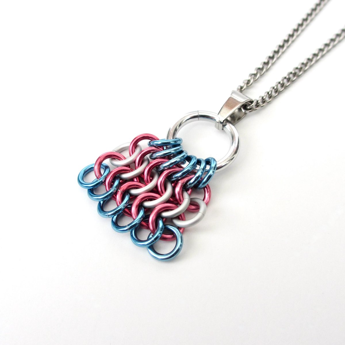 Transgender Pride Mesh Tile Pendant, Handmade Chainmail LGBTQ Flag Necklace