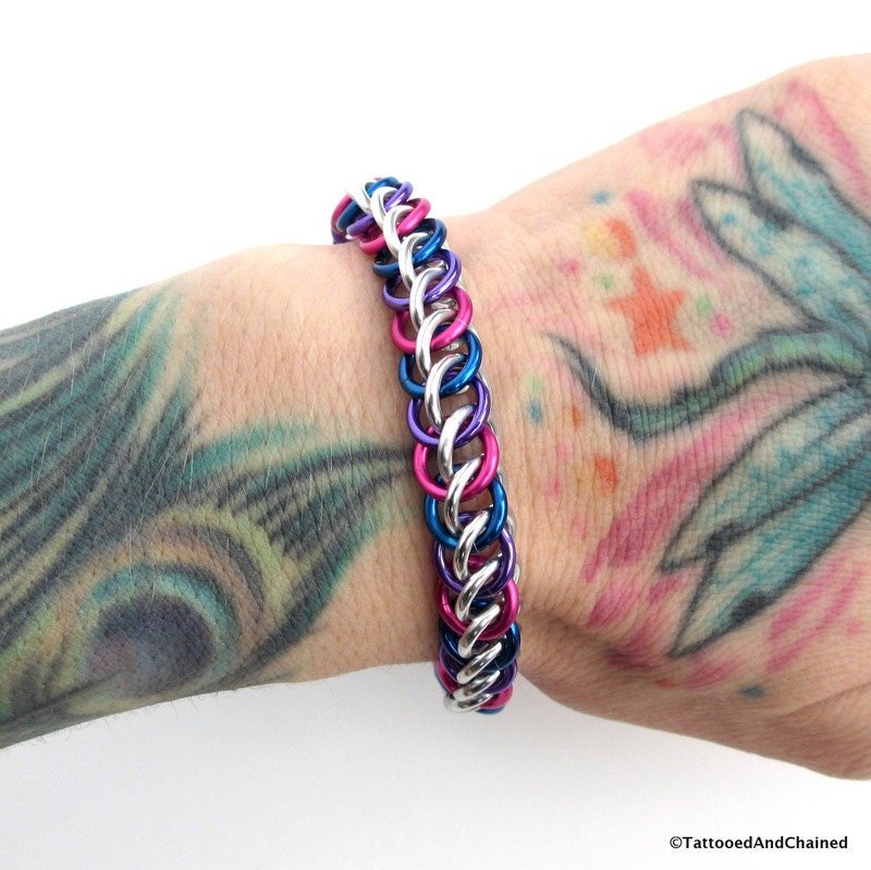 Bisexual pride bracelet, chainmail half Persian 3 in 1 bracelet for men or women, bi pride jewelry, pink purple blue