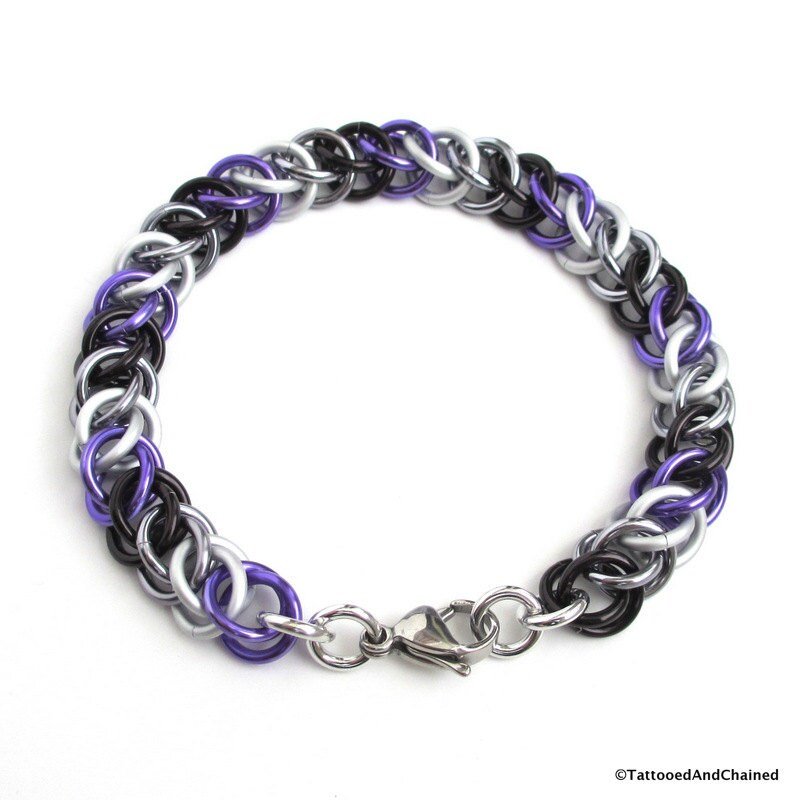 Ace pride bracelet, chainmail half Persian 3 in 1 bracelet for women or men, asexual pride jewelry, black gray white purple