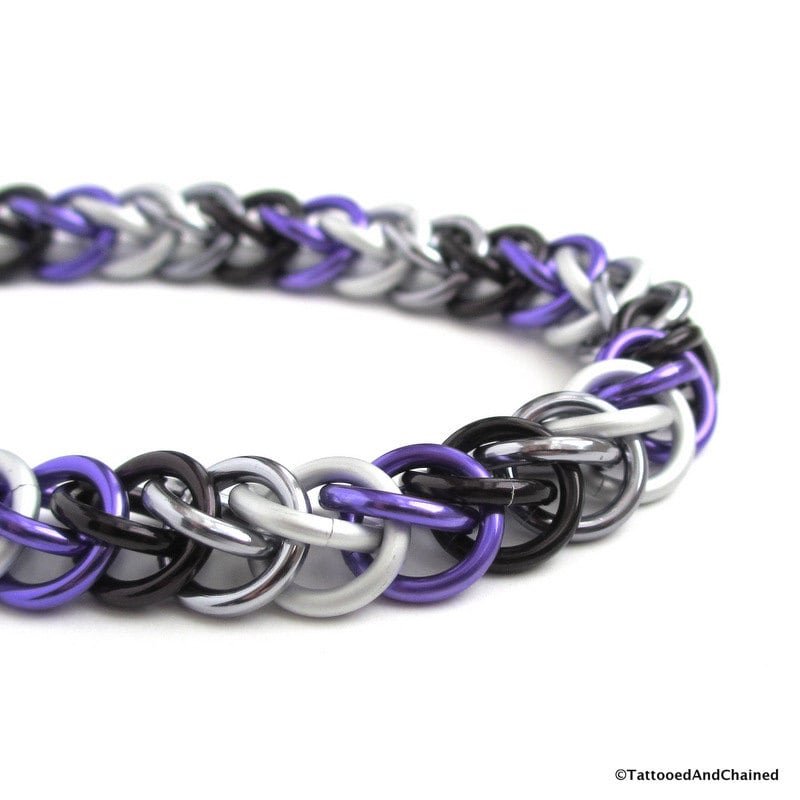 Ace pride bracelet, chainmail half Persian 3 in 1 bracelet for women or men, asexual pride jewelry, black gray white purple