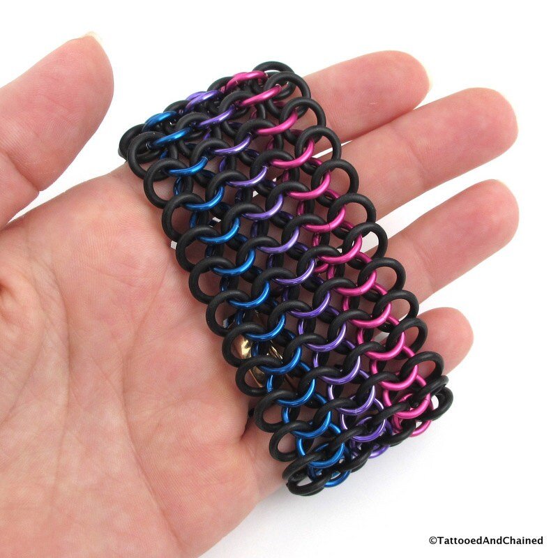 Bisexual pride bracelet, stretchy chainmail cuff bracelet, pink purple blue, European 4 in 1 weave bi pride jewelry