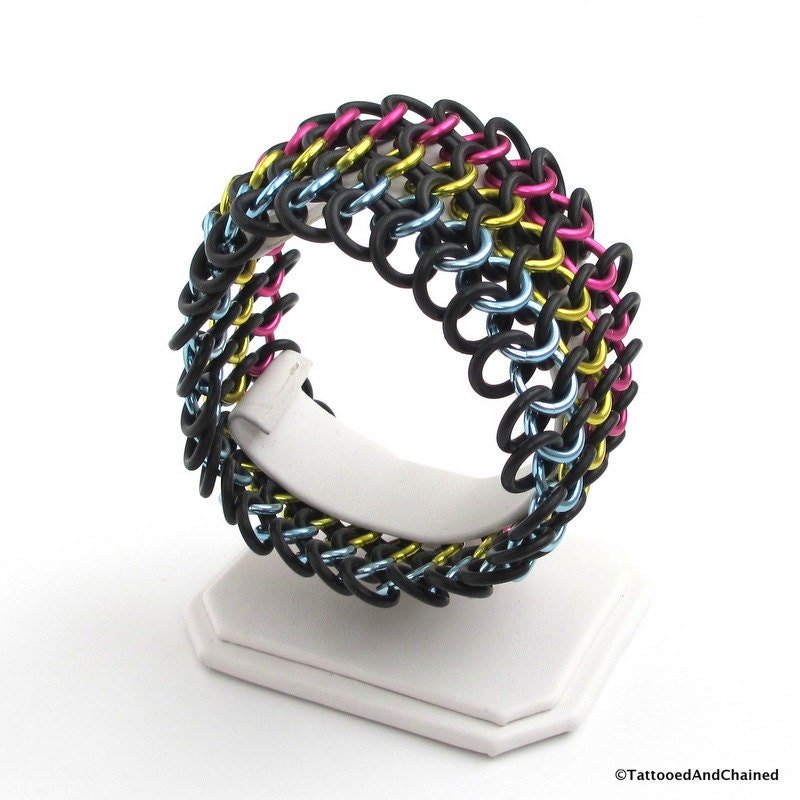 Pan pride bracelet, stretchy chainmail cuff bracelet for women or men, pink yellow blue, European 4 in 1 weave pansexual pride jewelry