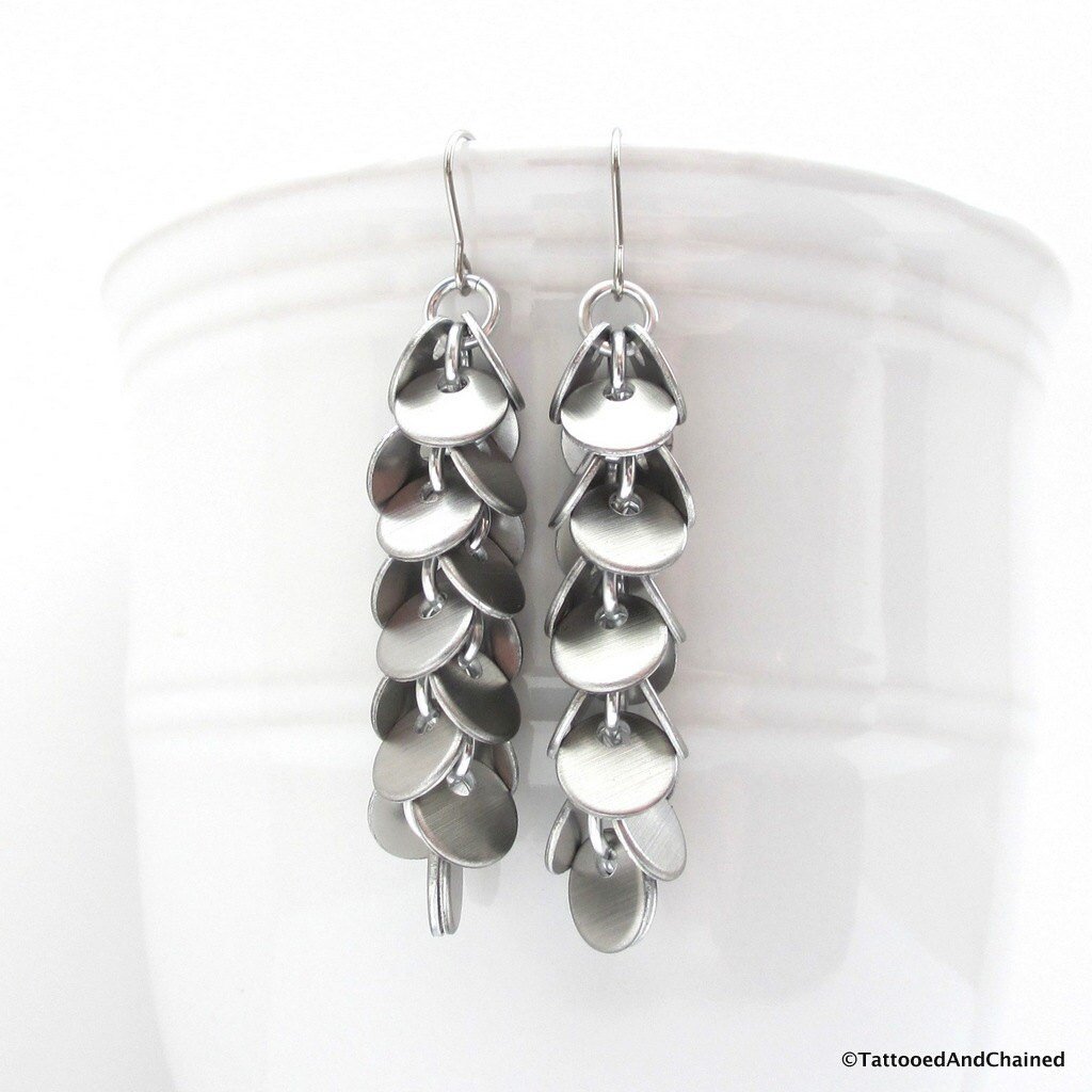 Chainmail earrings, shaggy earrings, chainmail jewelry, long silver earrings, brushed aluminum confetti earrings