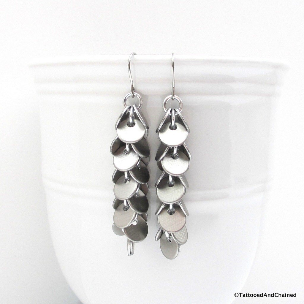 Chainmail earrings, shaggy earrings, chainmail jewelry, long silver earrings, brushed aluminum confetti earrings