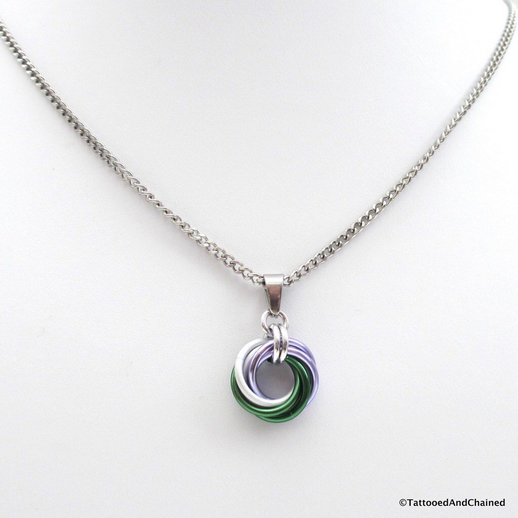 Genderqueer pride pendant necklace, chainmail love knot; lavender, white, and green nonbinary jewelry