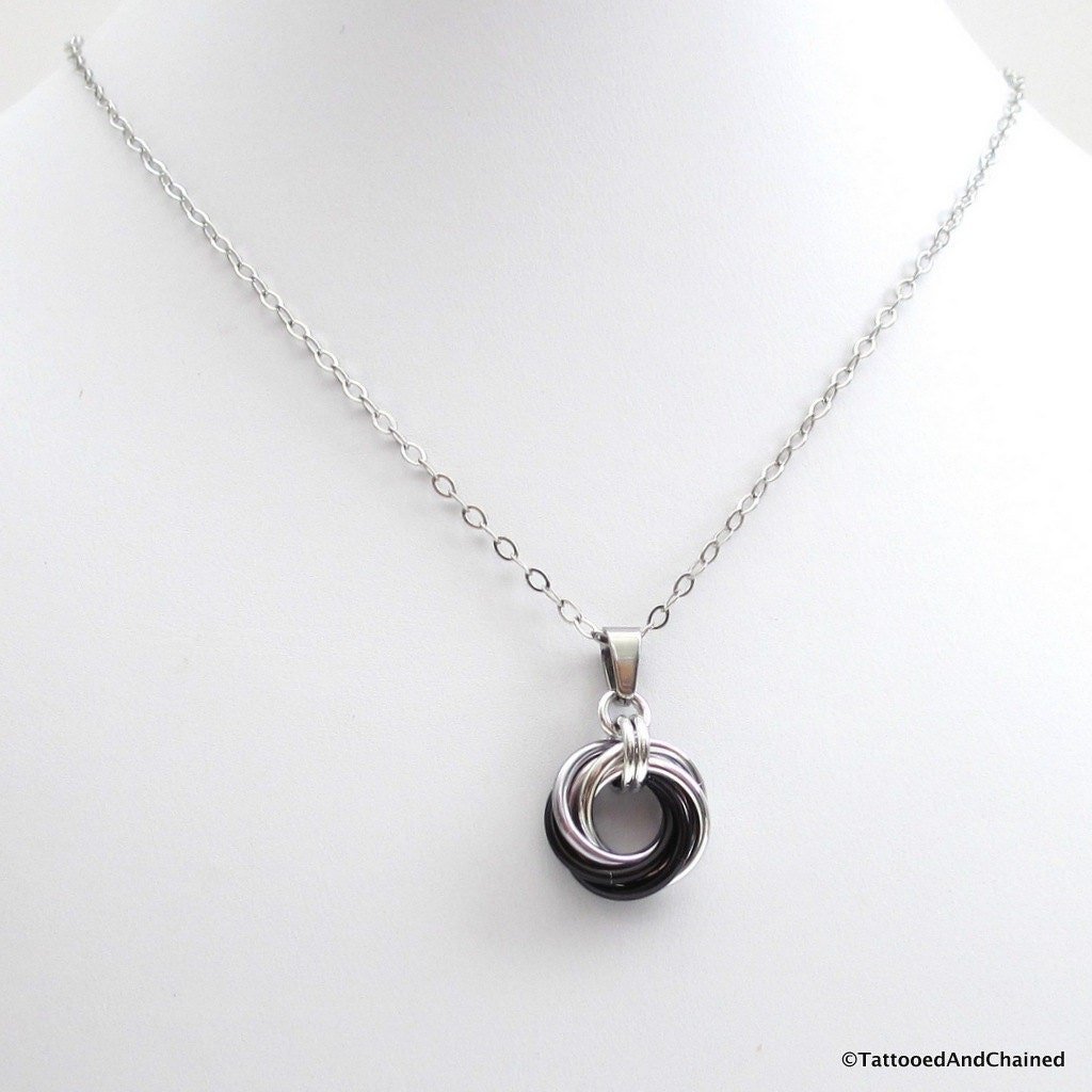 Silver, gray, and black pendant necklace, chainmail love knot, chainmail jewelry