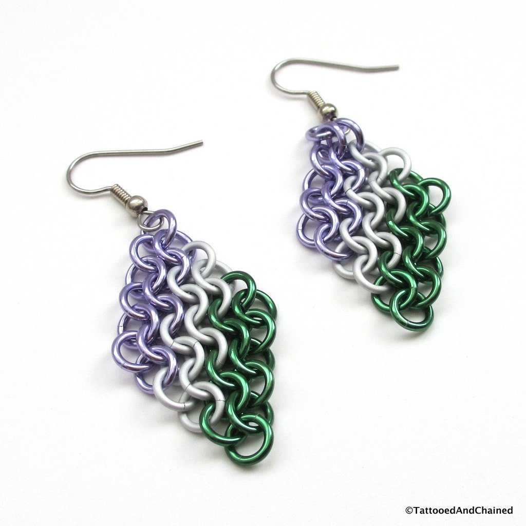 Genderqueer pride earrings, Euro 4 in 1 chainmail earrings; lavender, white, green