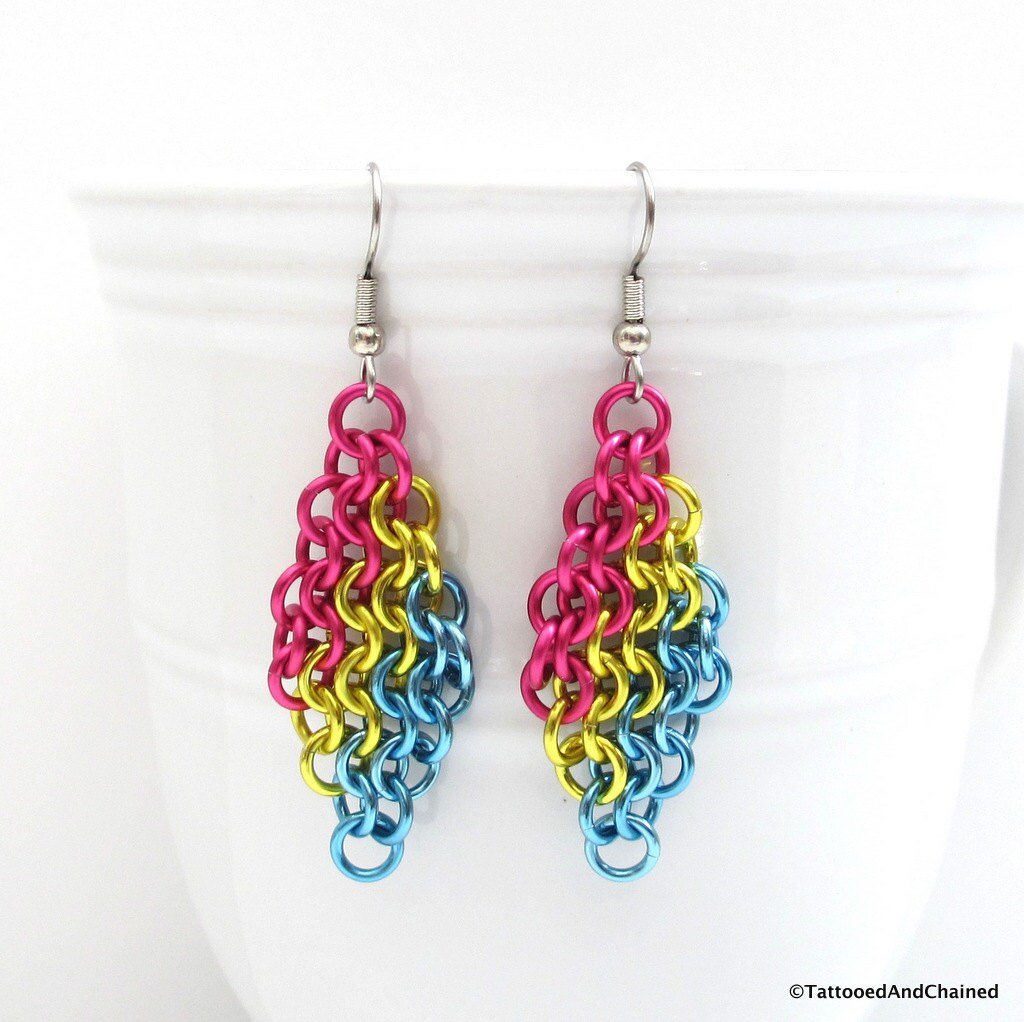 Pan pride earrings, pansexual pride jewelry, Euro 4 in 1 chainmail earrings; pink, yellow, light blue