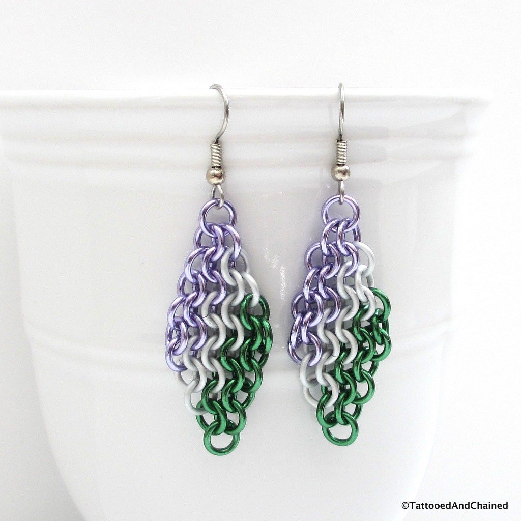 Genderqueer pride earrings, Euro 4 in 1 chainmail earrings; lavender, white, green