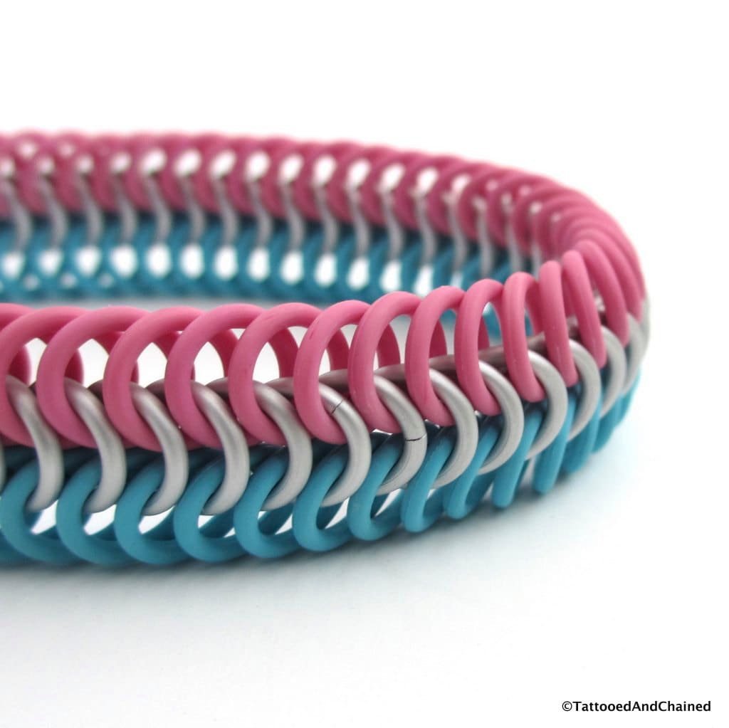 Transgender pride bracelet, stretchy chainmail bracelet, trans pride jewelry, pink, white, light blue rubber bracelet